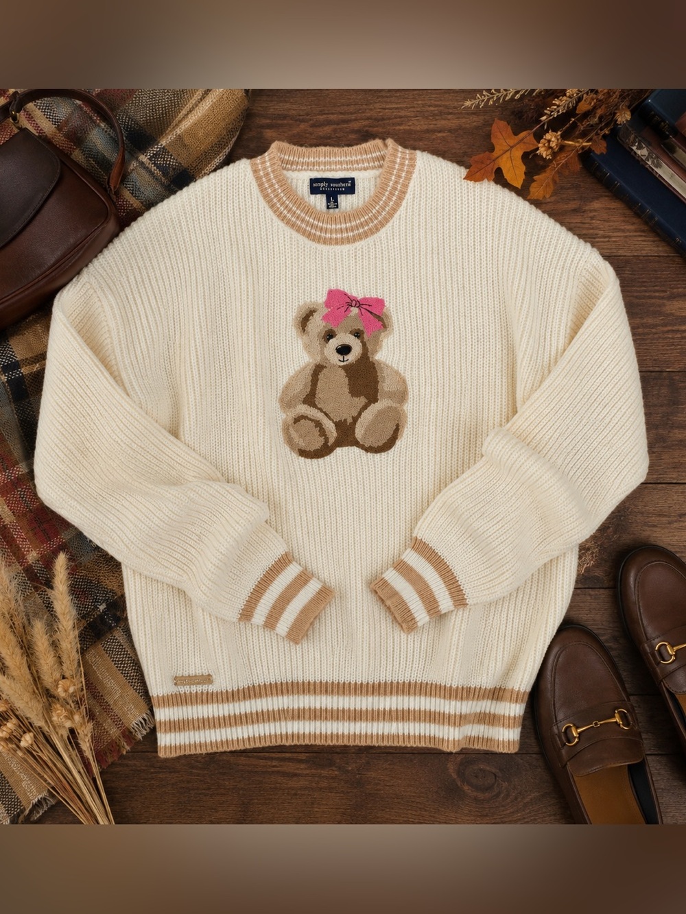 Simply Southern Teddy Bear Chunky Knit Sweater Cream Tan Pink Bow Size Large